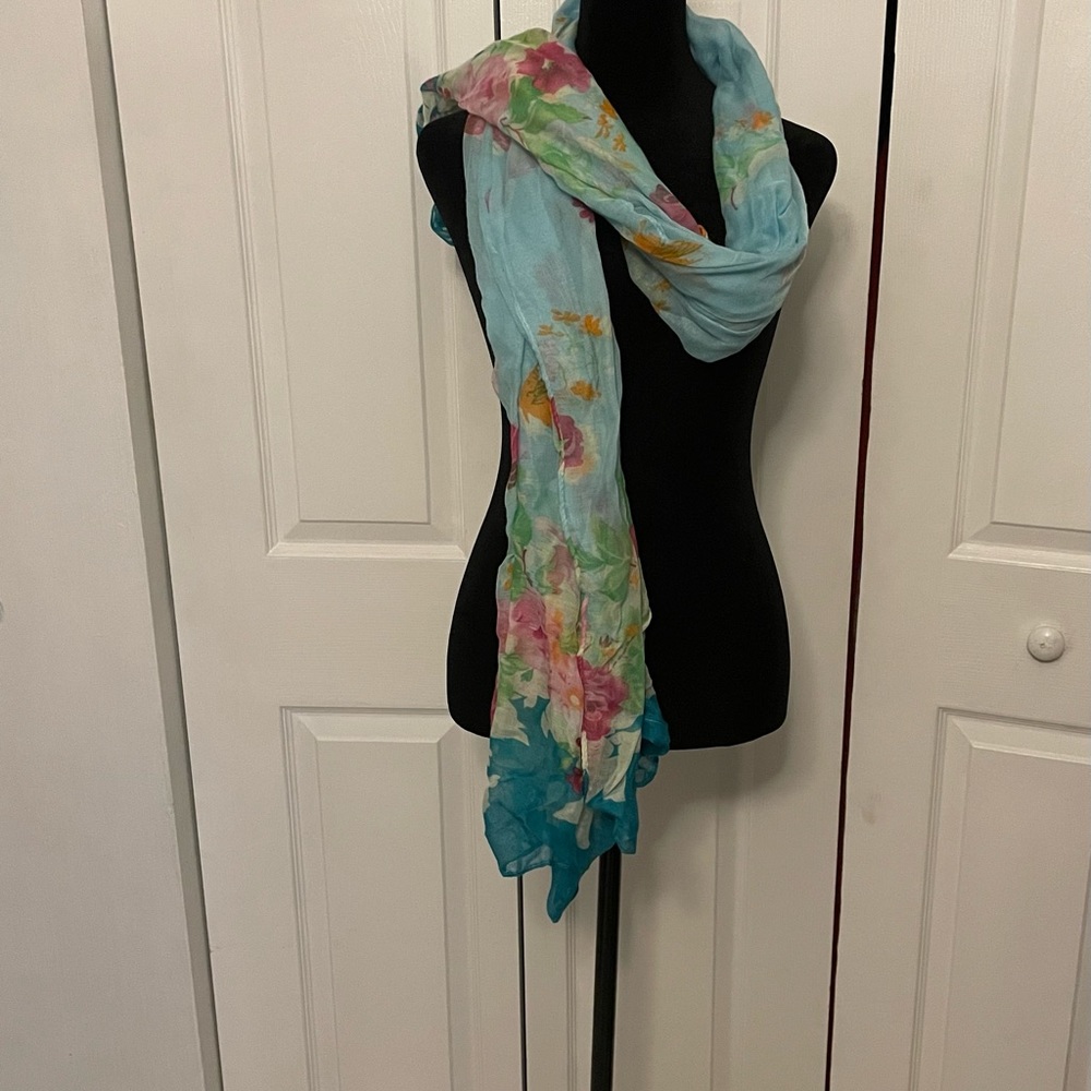 Floral Scarf Shawl Wrap Large Blue Polyester Karma Turquoise Pink 39 x 72